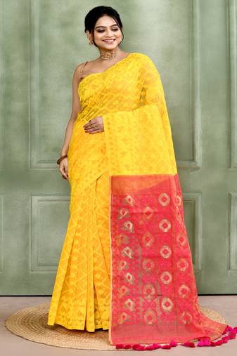 Women's yellow embellished cotton blend jamdani saree