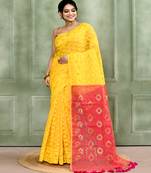 Women's yellow embellished cotton blend jamdani saree