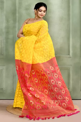 Women's yellow embellished cotton blend jamdani saree