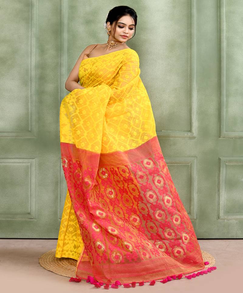Women's yellow embellished cotton blend jamdani saree
