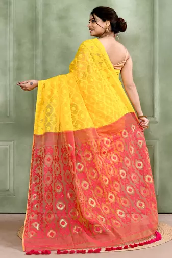 Women's yellow embellished cotton blend jamdani saree