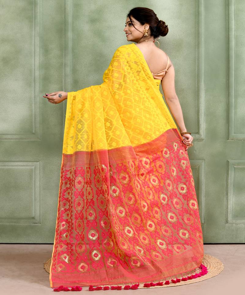 Women's yellow embellished cotton blend jamdani saree