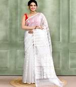 Women's white embellished cotton blend jamdani saree