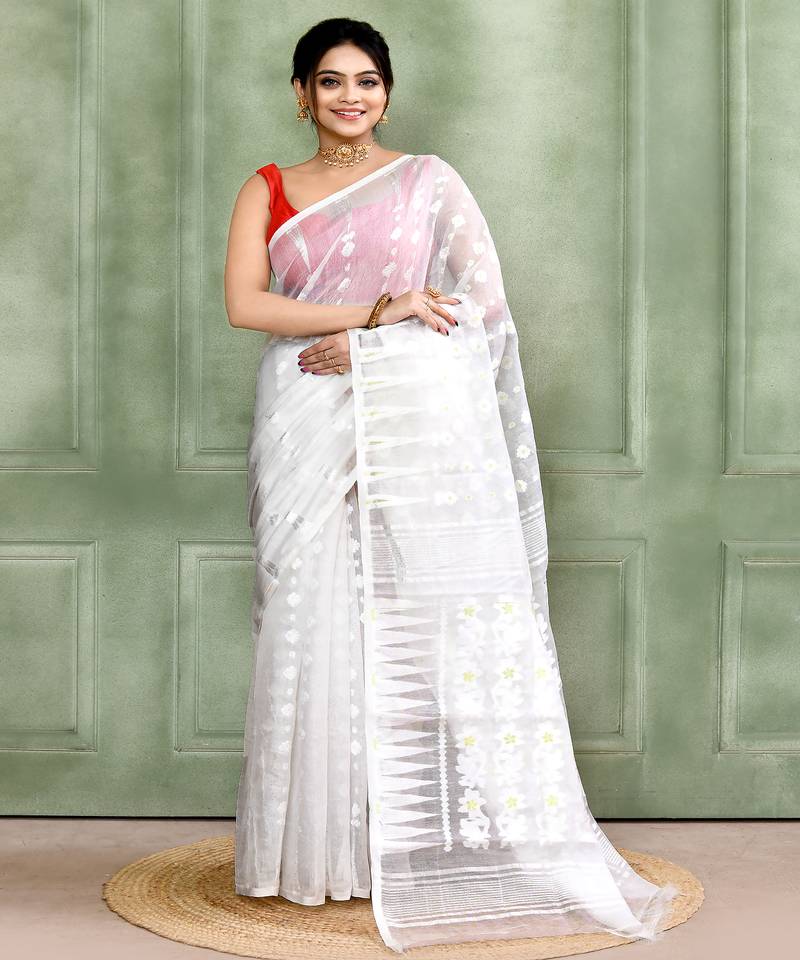 Women's white embellished cotton blend jamdani saree
