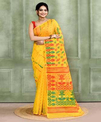 Women's yellow embellished cotton blend jamdani saree 1