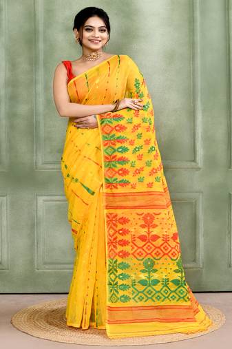 Women's yellow embellished cotton blend jamdani saree