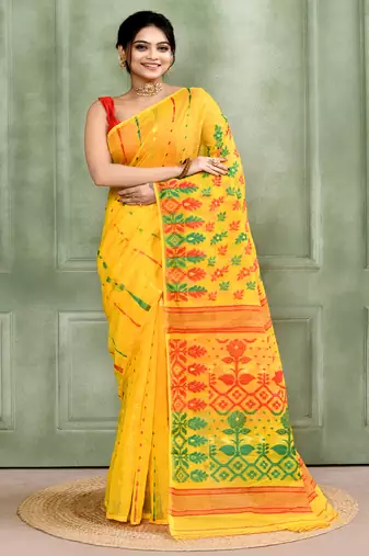 Women's yellow embellished cotton blend jamdani saree