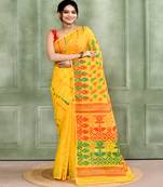 Women's yellow embellished cotton blend jamdani saree