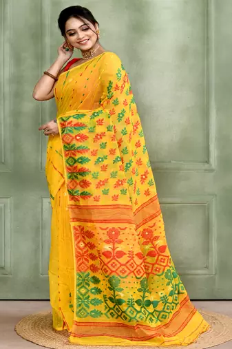 Women's yellow embellished cotton blend jamdani saree
