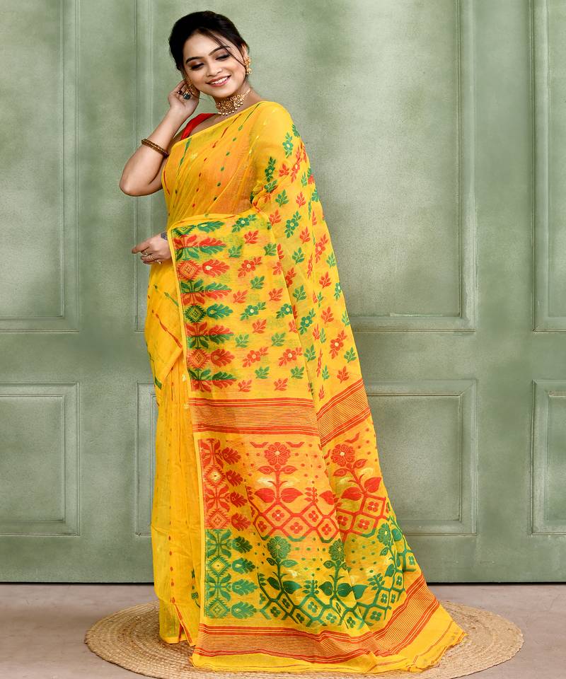 Women's yellow embellished cotton blend jamdani saree
