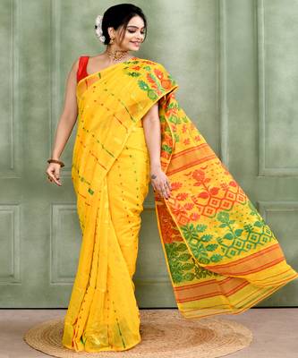 Women's yellow embellished cotton blend jamdani saree 3