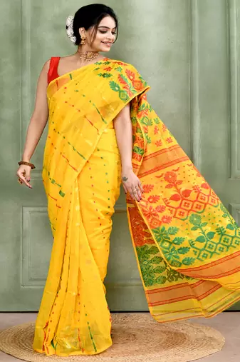 Women's yellow embellished cotton blend jamdani saree