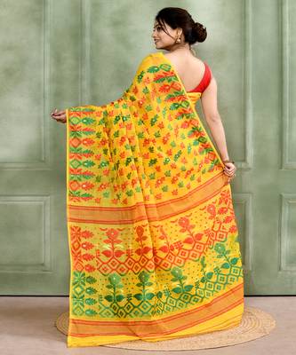Women's yellow embellished cotton blend jamdani saree 4