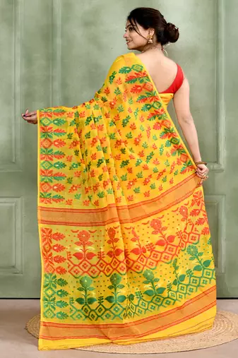 Women's yellow embellished cotton blend jamdani saree