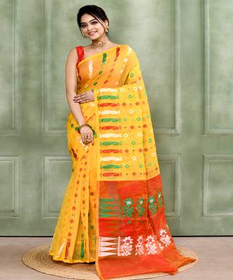Women's yellow embellished cotton blend jamdani saree 1