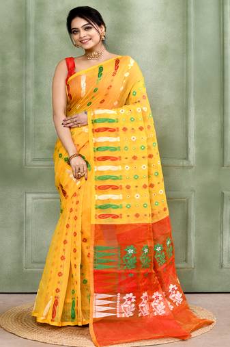 Women's yellow embellished cotton blend jamdani saree
