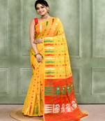 Women's yellow embellished cotton blend jamdani saree