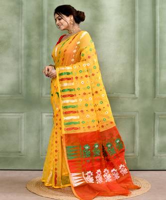 Women's yellow embellished cotton blend jamdani saree 2