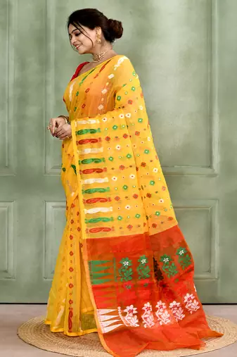 Women's yellow embellished cotton blend jamdani saree
