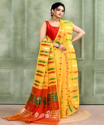 Women's yellow embellished cotton blend jamdani saree 3