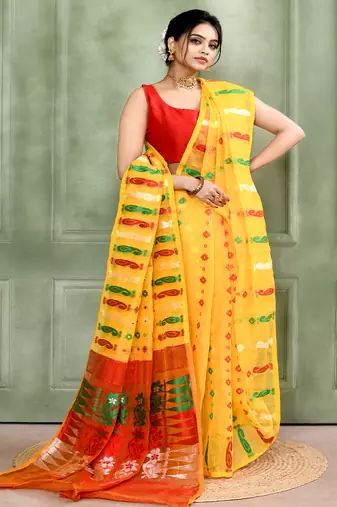 Women's yellow embellished cotton blend jamdani saree