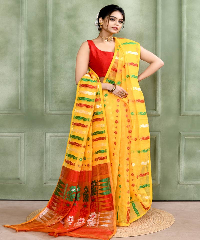 Women's yellow embellished cotton blend jamdani saree