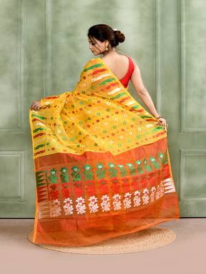 Women's yellow embellished cotton blend jamdani saree 4