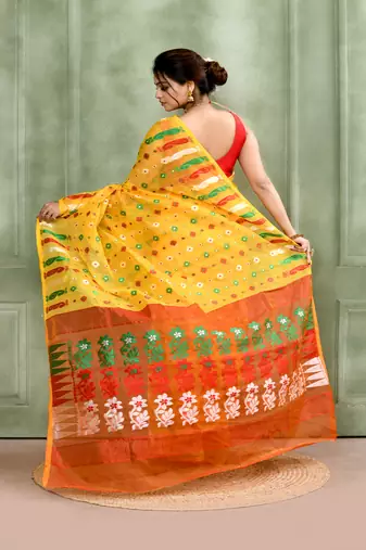 Women's yellow embellished cotton blend jamdani saree