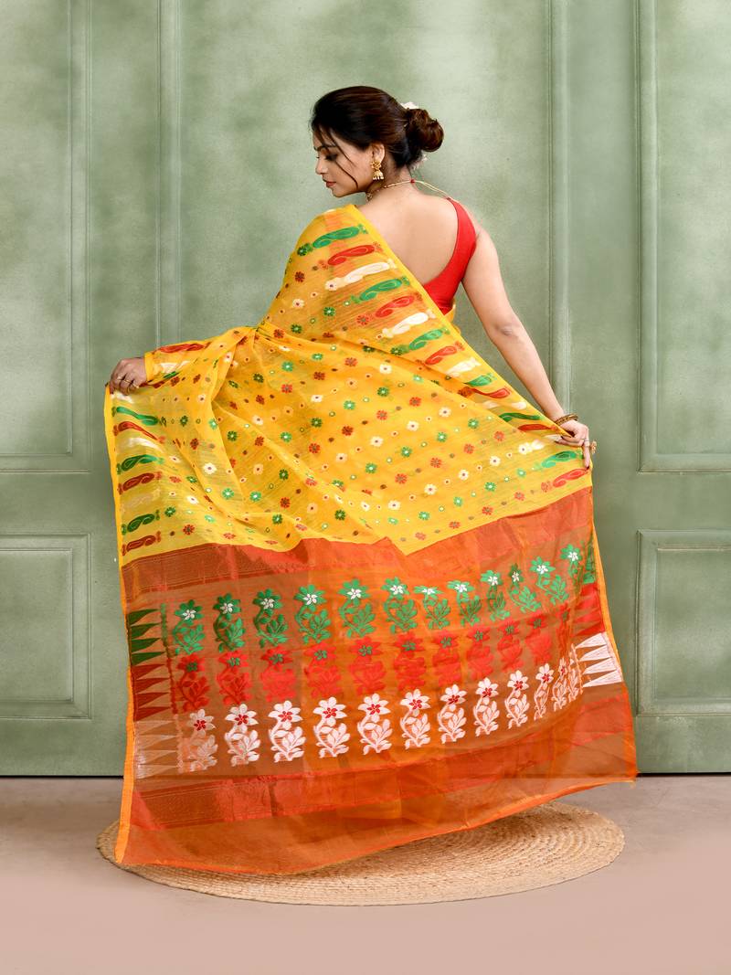 Women's yellow embellished cotton blend jamdani saree