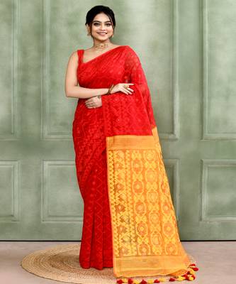 Women's red embellished cotton blend jamdani saree 1