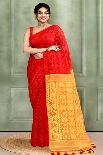 Women's red embellished cotton blend jamdani saree