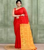 Women's red embellished cotton blend jamdani saree