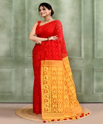 Women's red embellished cotton blend jamdani saree 2