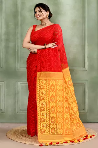 Women's red embellished cotton blend jamdani saree