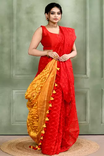 Women's red embellished cotton blend jamdani saree