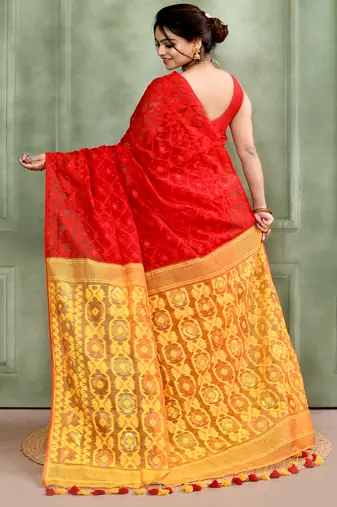 Women's red embellished cotton blend jamdani saree