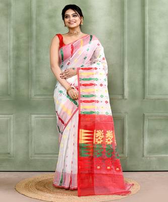 Women's white embellished cotton blend jamdani saree 1