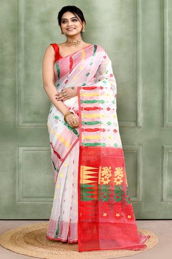 Women's white embellished cotton blend jamdani saree