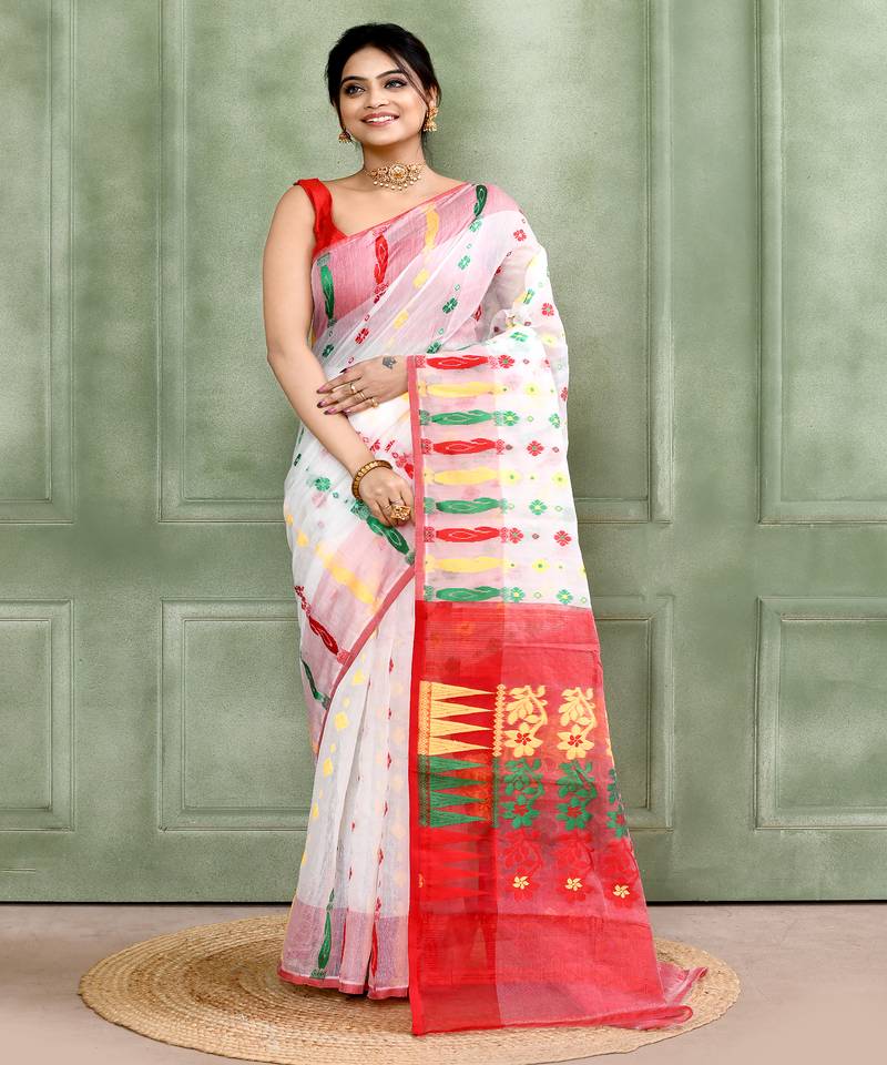 Women's white embellished cotton blend jamdani saree