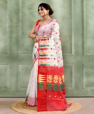 Women's white embellished cotton blend jamdani saree 2