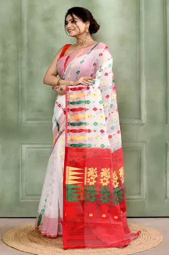 Women's white embellished cotton blend jamdani saree