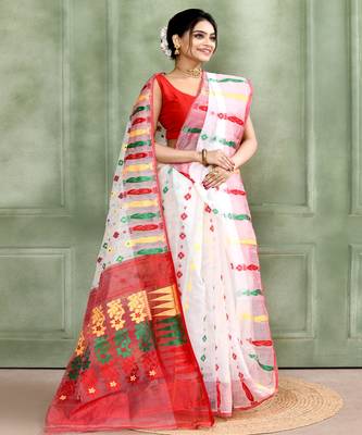 Women's white embellished cotton blend jamdani saree 3