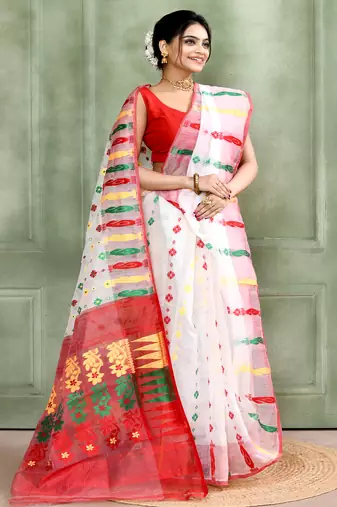 Women's white embellished cotton blend jamdani saree