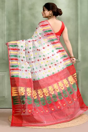 Women's white embellished cotton blend jamdani saree