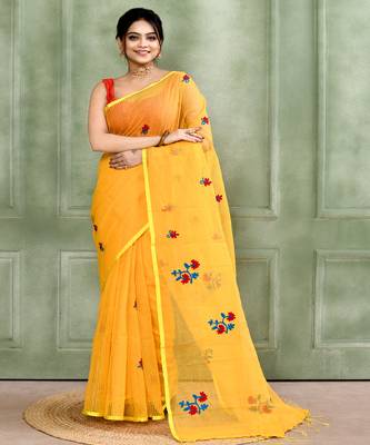 Women's yellow embellished cotton blend embroidery saree 1