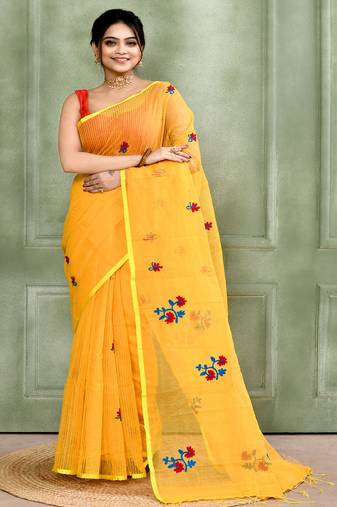Women's yellow embellished cotton blend embroidery saree