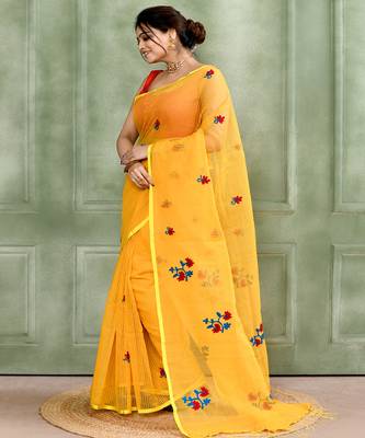 Women's yellow embellished cotton blend embroidery saree 2