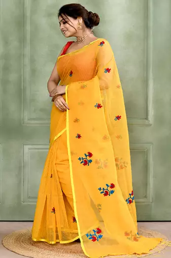 Women's yellow embellished cotton blend embroidery saree