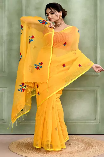 Women's yellow embellished cotton blend embroidery saree