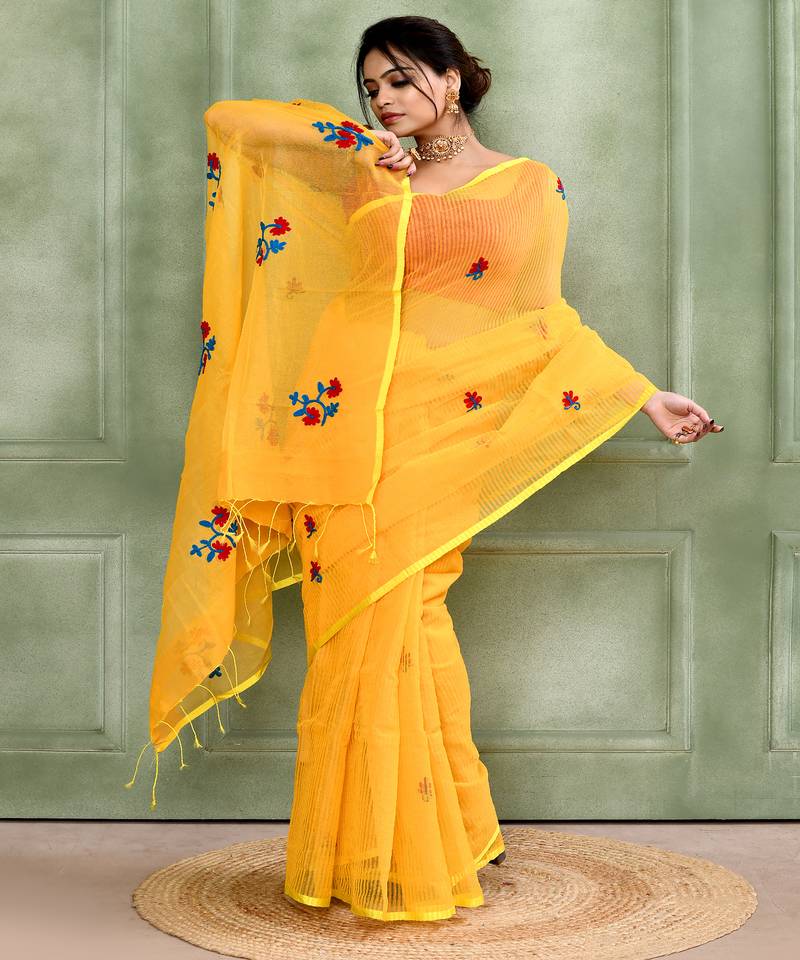 Women's yellow embellished cotton blend embroidery saree